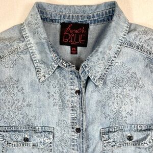 FRENCH BLUE Chambray Filigree Dip Dye Denim Button Down Size Petite Small‎